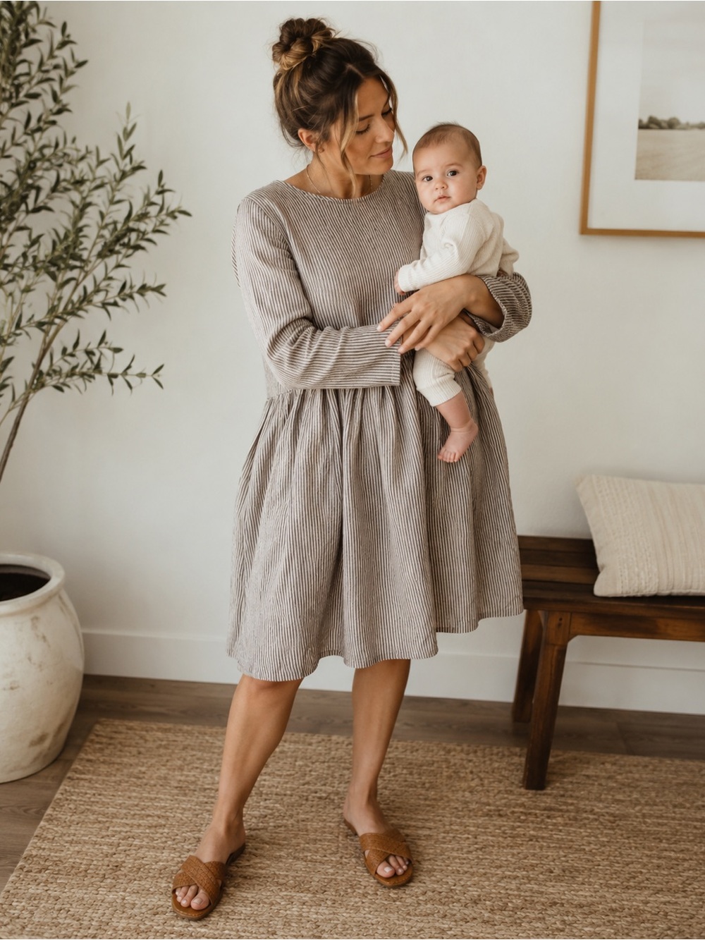 Not Perfect Linen Mama Dress Striped M/L Maternity & Postpartum Friendly